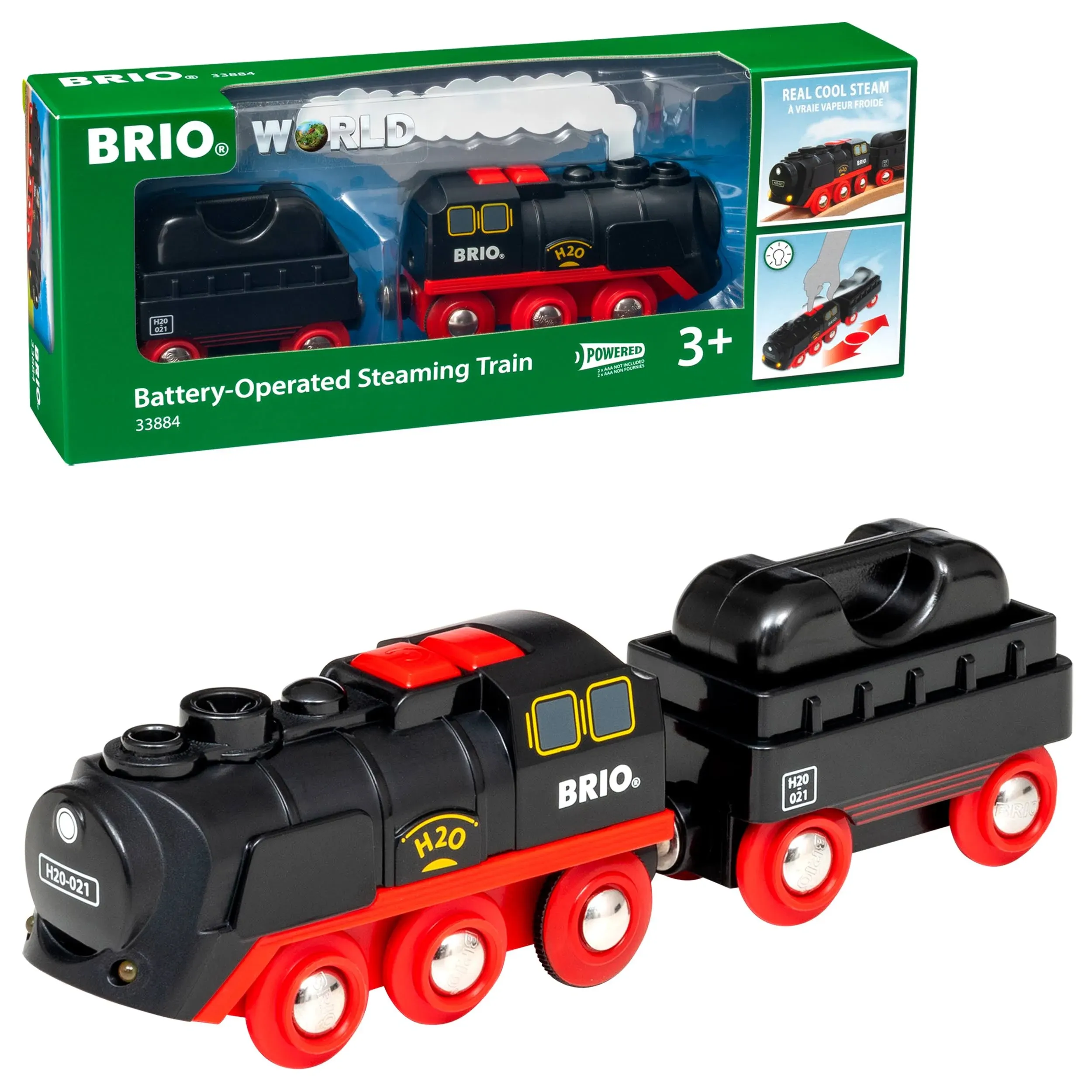 Brio World 33884 Battery-Operated Steaming Train | Toy Train with Light and Steam Effects for Kids Age 3 and Up, Black