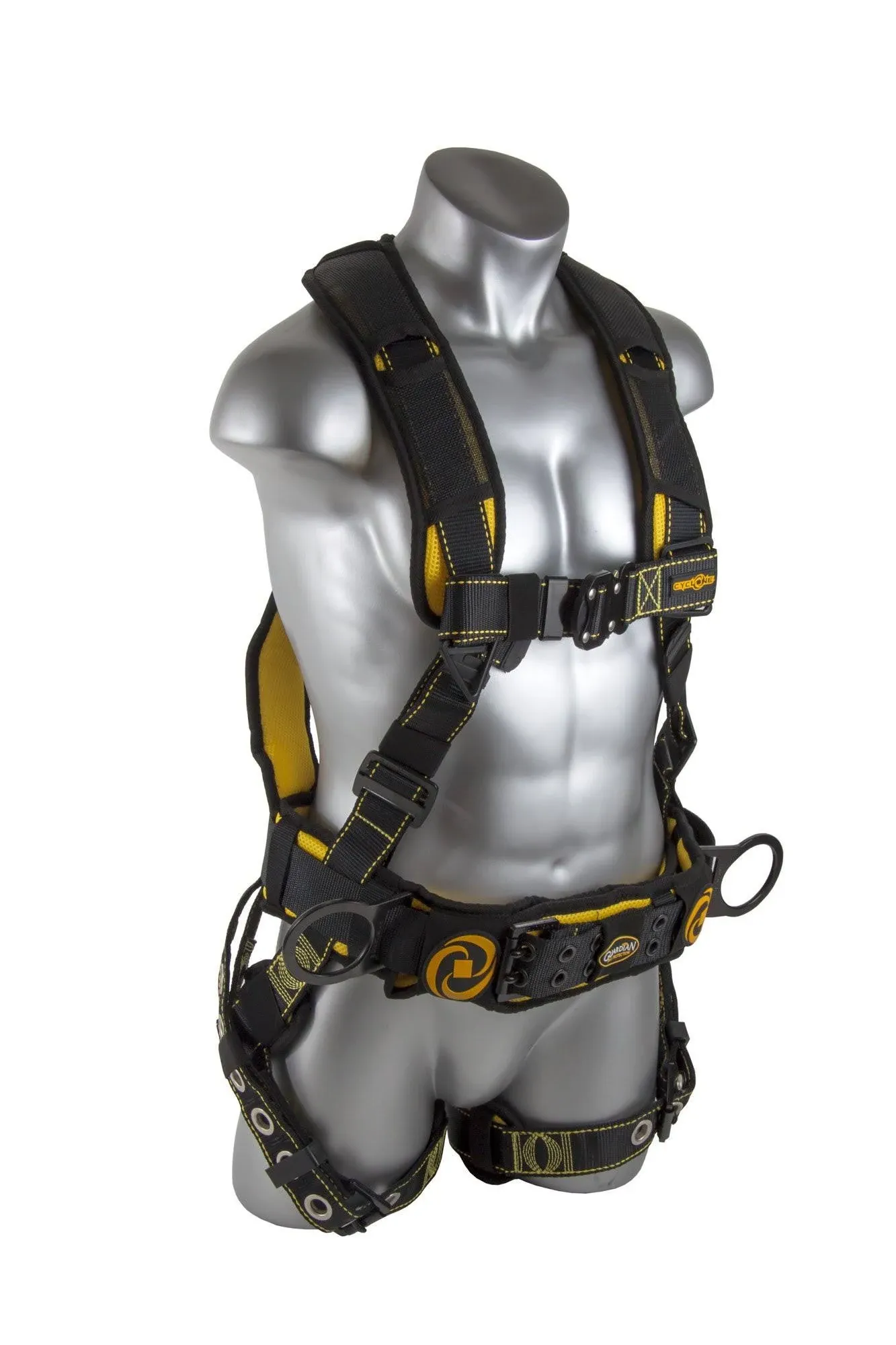 Guardian Fall Protection 21029 Cyclone Construction Harness with QC Chest/TB Leg/TB Waist Belt/Side D-Rings, Black/Yellow, Small