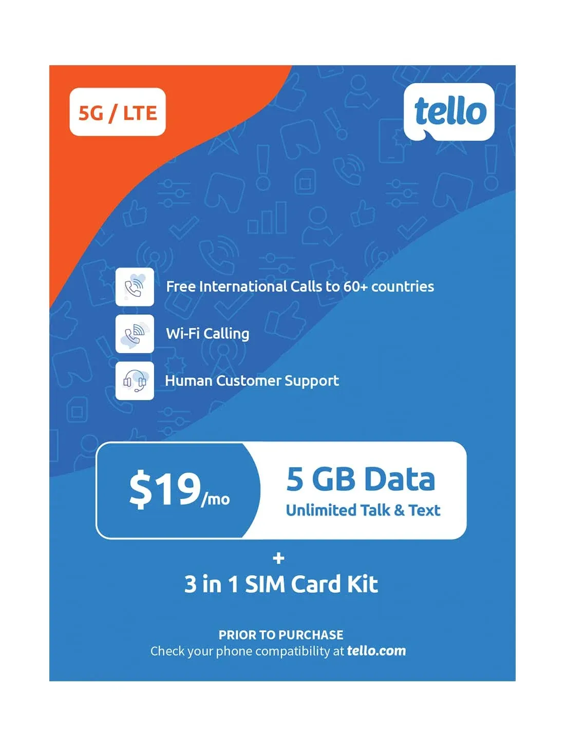 - 5GB Data + Unlimited Minutes & Texts | Tello Mobile US Prepaid Phone Plan | Bring Your Own Phone Kit | 3 in 1 Sim Card Included | US