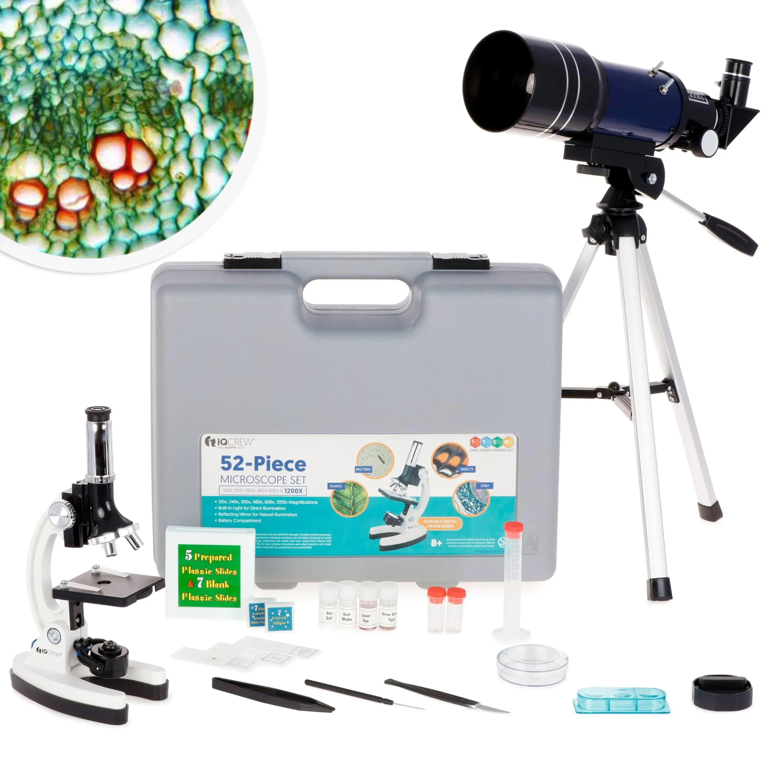 AMSCOPE-Kids 120X-1200X White Metal Arm Starter Kids Student Microscope Kit and Compact Refractor Telescope with Tripod - M30-ABS-KT2-W-TKVB1