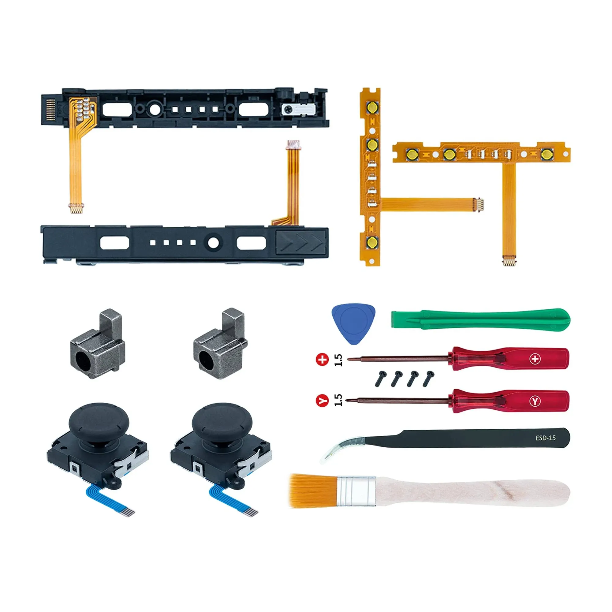 Mcbazel 18 in 1 Replacement Repair Kit for N-Switch Joy-Con with Screwdrivers Opening Tool, 3D Left Right Analog Joysticks, Buckle Lock, Charging Port Slider, Button Sync Flex Cable Set