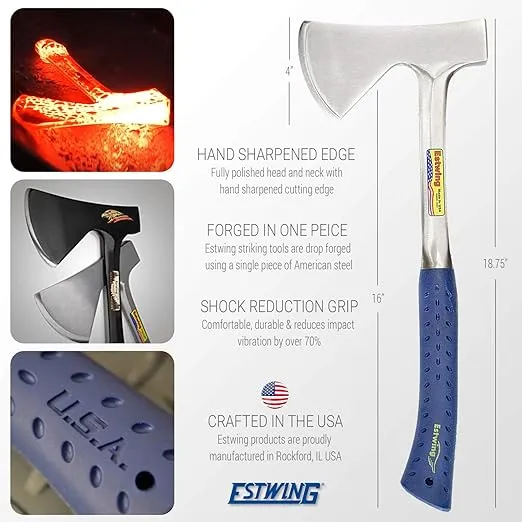 ESTWING Camper's Axe - 16" Hatchet with Forged Steel Construction & Shock Reduction Grip - E44A