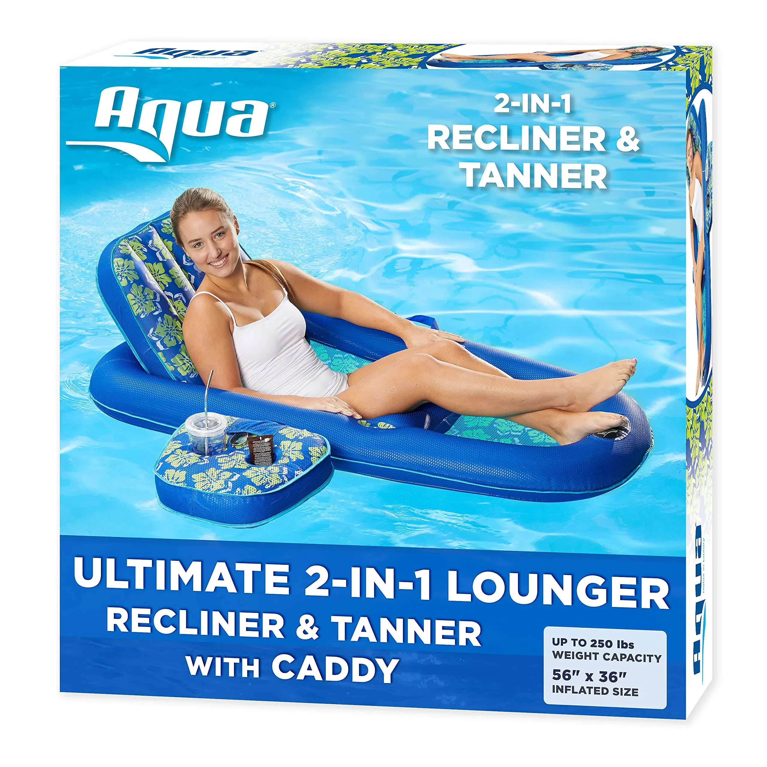 Aqua Campania Ultimate 2 in 1 Recliner Tanner Pool Lounger with Adjustable Backrest and Caddy Inflatable Pool Float Roya