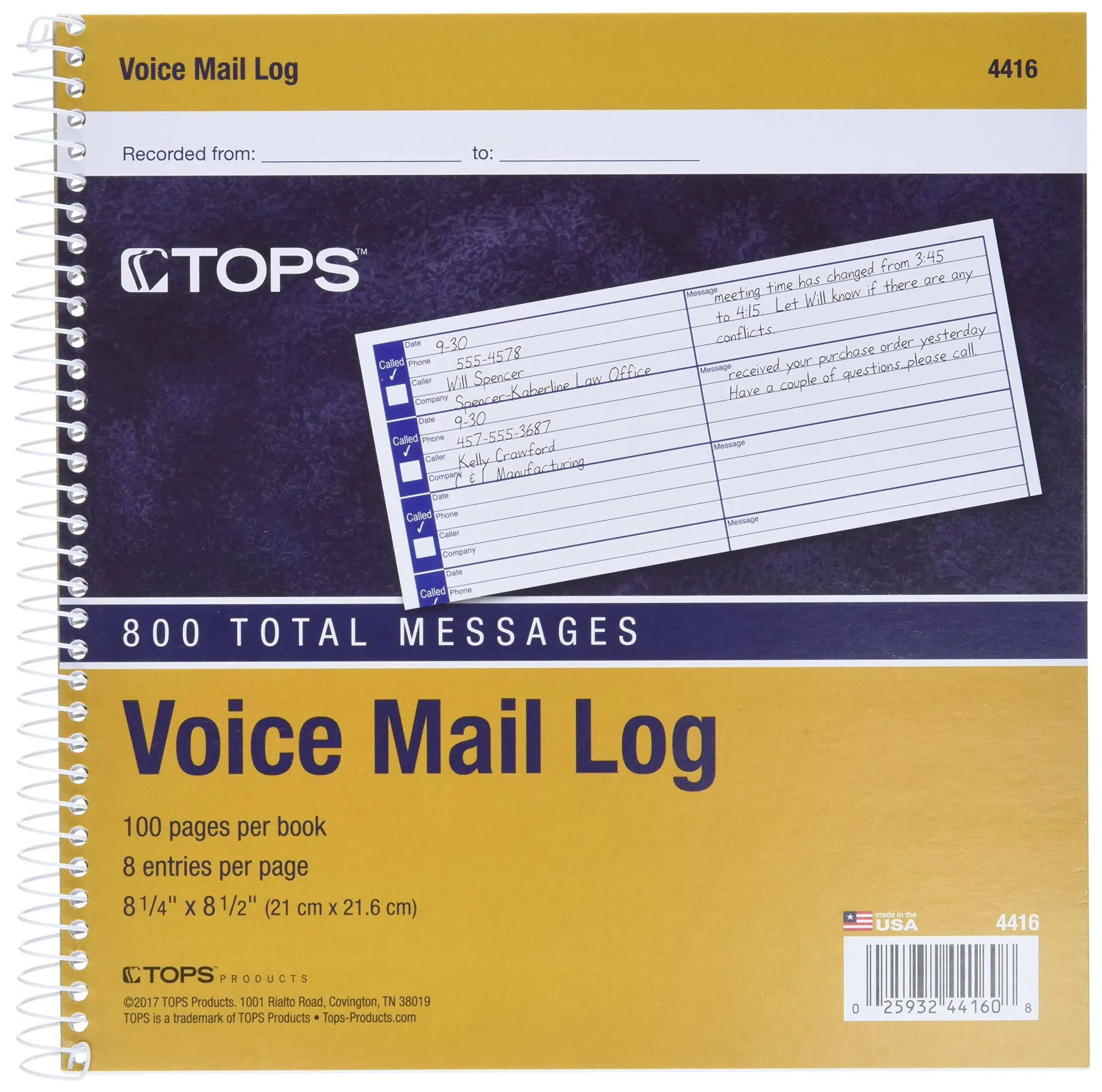 TOPS Spiral Voice Message Log Book, 2-Sided, 1-Part, 8.5 x 8.25 Inches, 8