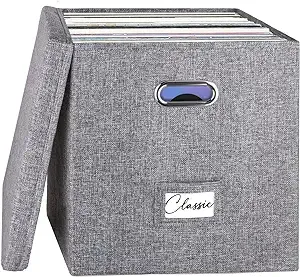 Woodoulogy Vinyl Record Storage Box for 50+ Single LPs, Stackable Albums Linen Crate with Lid, Collapsible Long Play Music Collection Holder, Document File Folder Cabinet Organizer Case with Handle