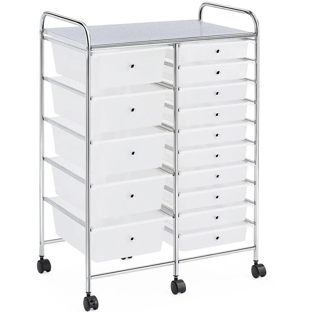 Yaheetech 15 Drawers Rolling Storage Cart Mobile Storage Bin Trolley, White