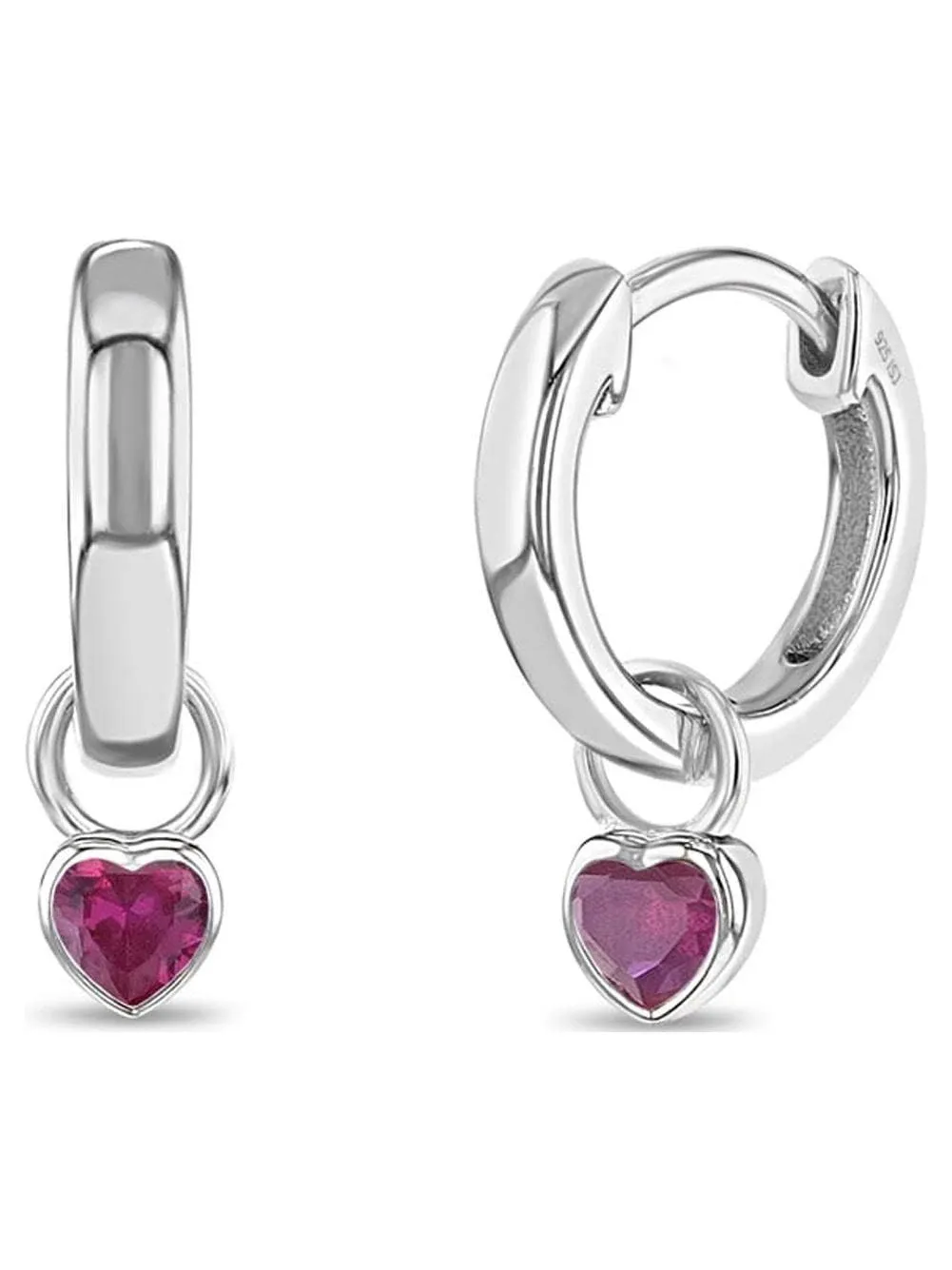 925 Sterling Silver Petite Simulated Ruby Heart Charm Hoop Earrings for Girls ...