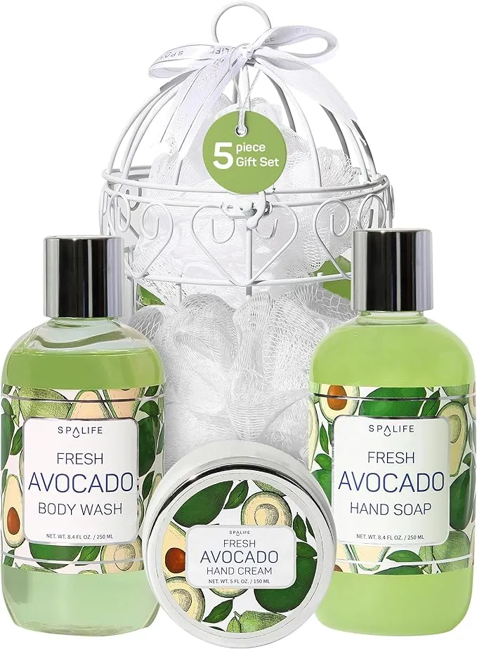 SpaLife Avocado Bath and Shower 4-Piece Gift Set in Bird Cage - Body Wash, Hand Soap, Hand Cream, and Sponge for The Ultimate Luxurious at-Home Spa! The Perfect Christmas Bath Gift for Women