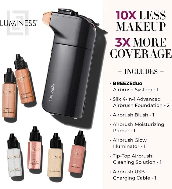 Luminess BREEZE DUO Airbrush Makeup System, Warm Coverage – 9-Piece Kit includes 2x Silk Airbrush Foundation, Soft Rose Blush, Glow Highlighter, Moisturizer Primer, and Airbrush Cleaning Solution