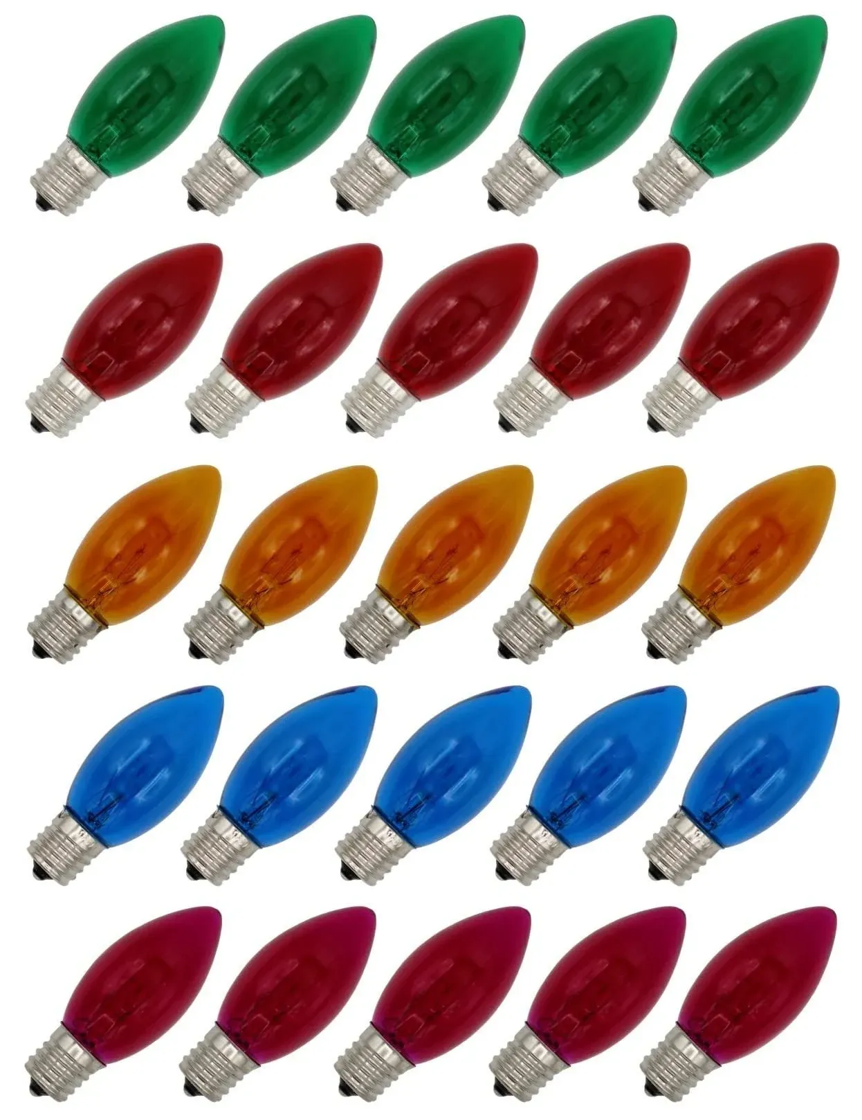 25 Steady Burning C9 Light Bulbs - Transparent Multicolor - 7 Watt, 130V