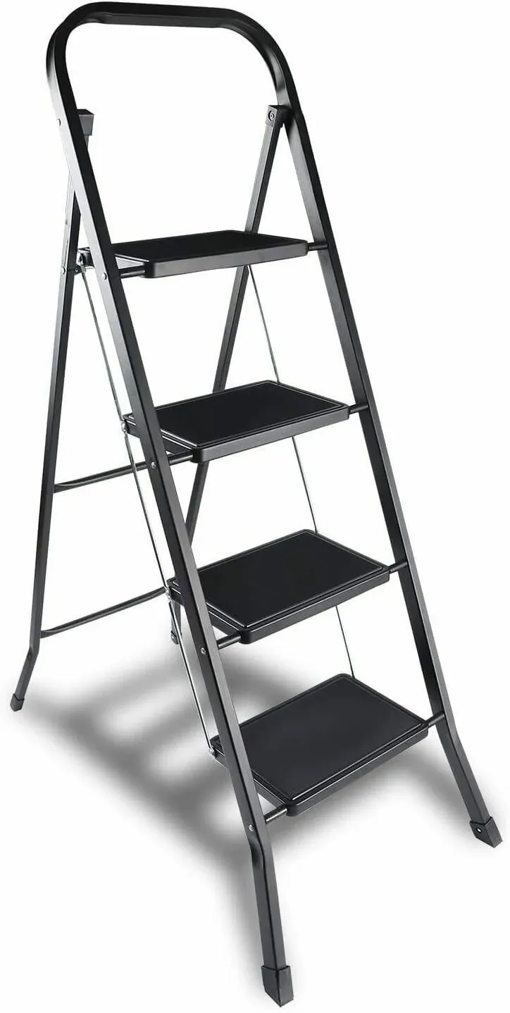 YSSOA 4 Step Ladder Portable Steel Folding Step Stool w/Wide Anti-Slip Pedal, Black