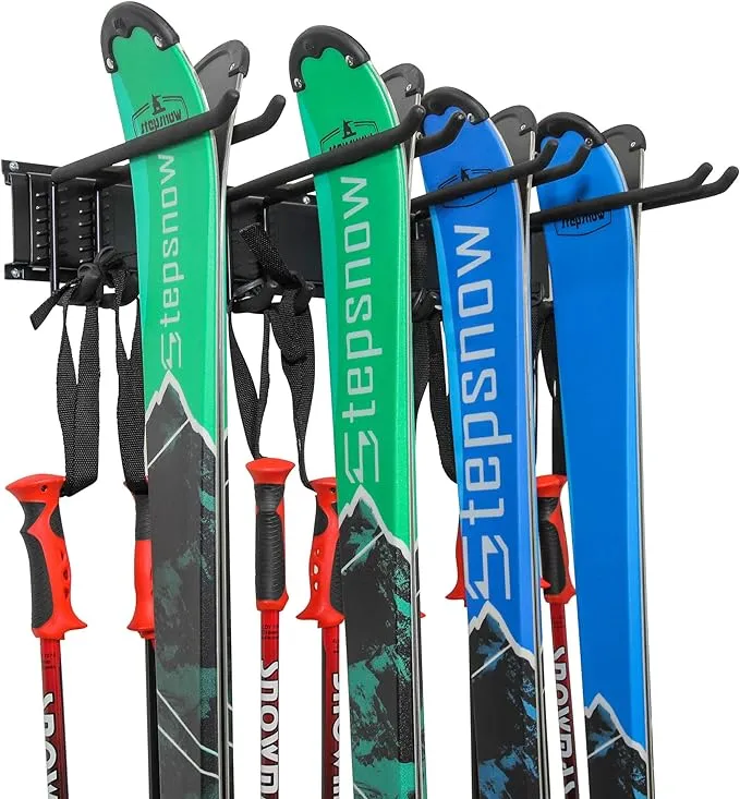 Ski Wall Rack, Holds 4 Pairs of Skis & Skiing Poles or Snowboard, for Home and Garage Storage, Wall Mounted, Heavy Duty, Adjustable Rubber-Coated Hooks