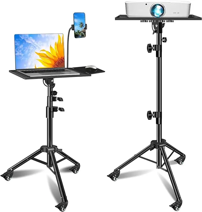 Projector Stand, Laptop Tripod Stand from 29" to 69" with Mouse Tray & Wheels, Adjustable Height DJ Racks Stand with Gooseneck Phone Holder, for Office, Home, Stage, Studio, 1 Pack Black