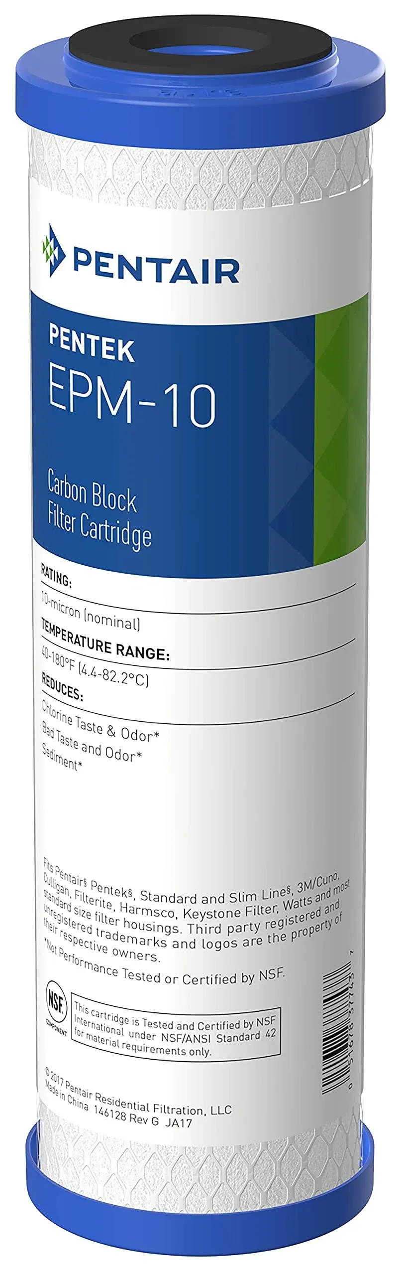 Pentair Pentek EP-10 Carbon Water Filter, 10-Inch, Under Sink Carbon Block Replacement Cartridge with Bonded Powdered Activated Carbon (PAC) Filter, 10" x 2.5", 5 Micron, (Pack of 2)