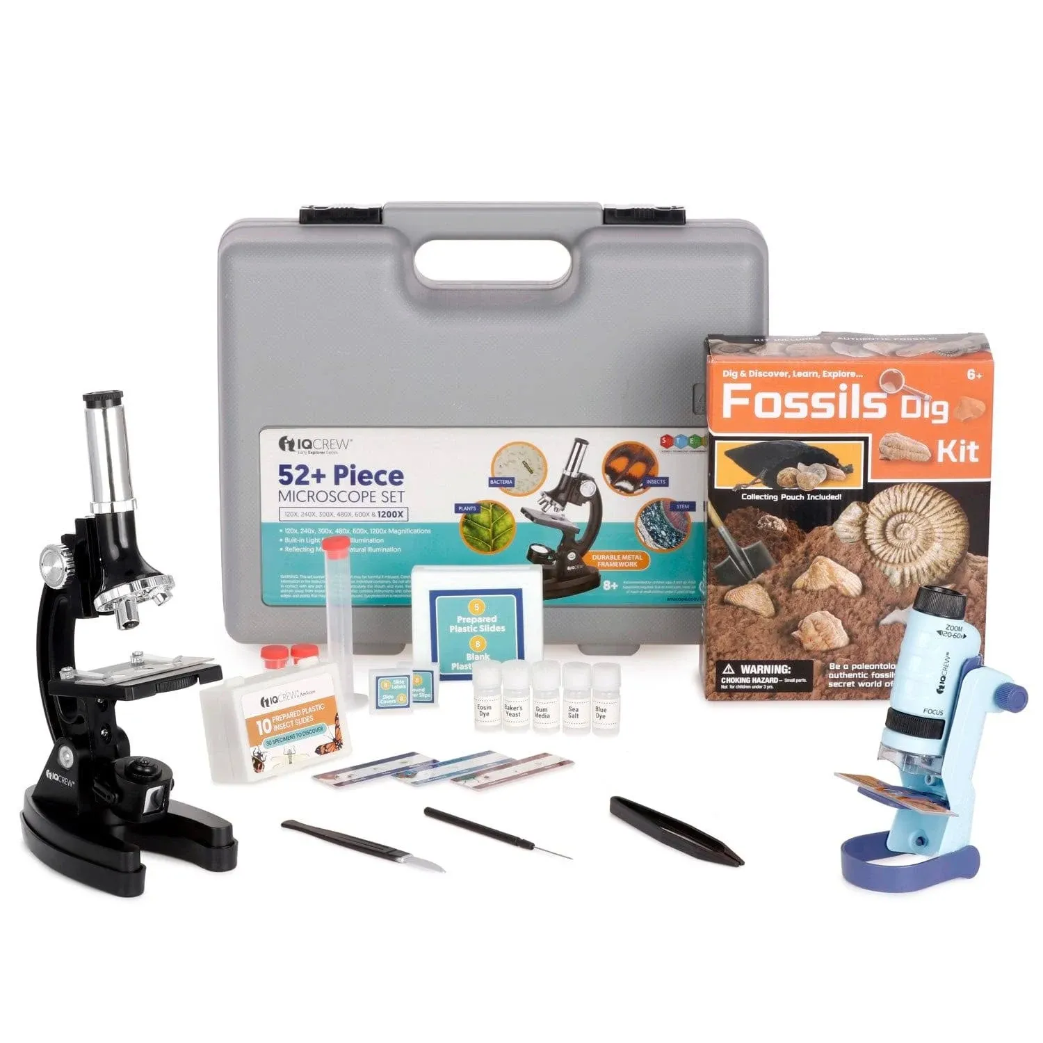 IQCrew By AMSCOPE KIDS - Black Metal Arm Starter Kids Student Compound Microscope Kit with Fossil Dig Activity Kit and Insect Slides