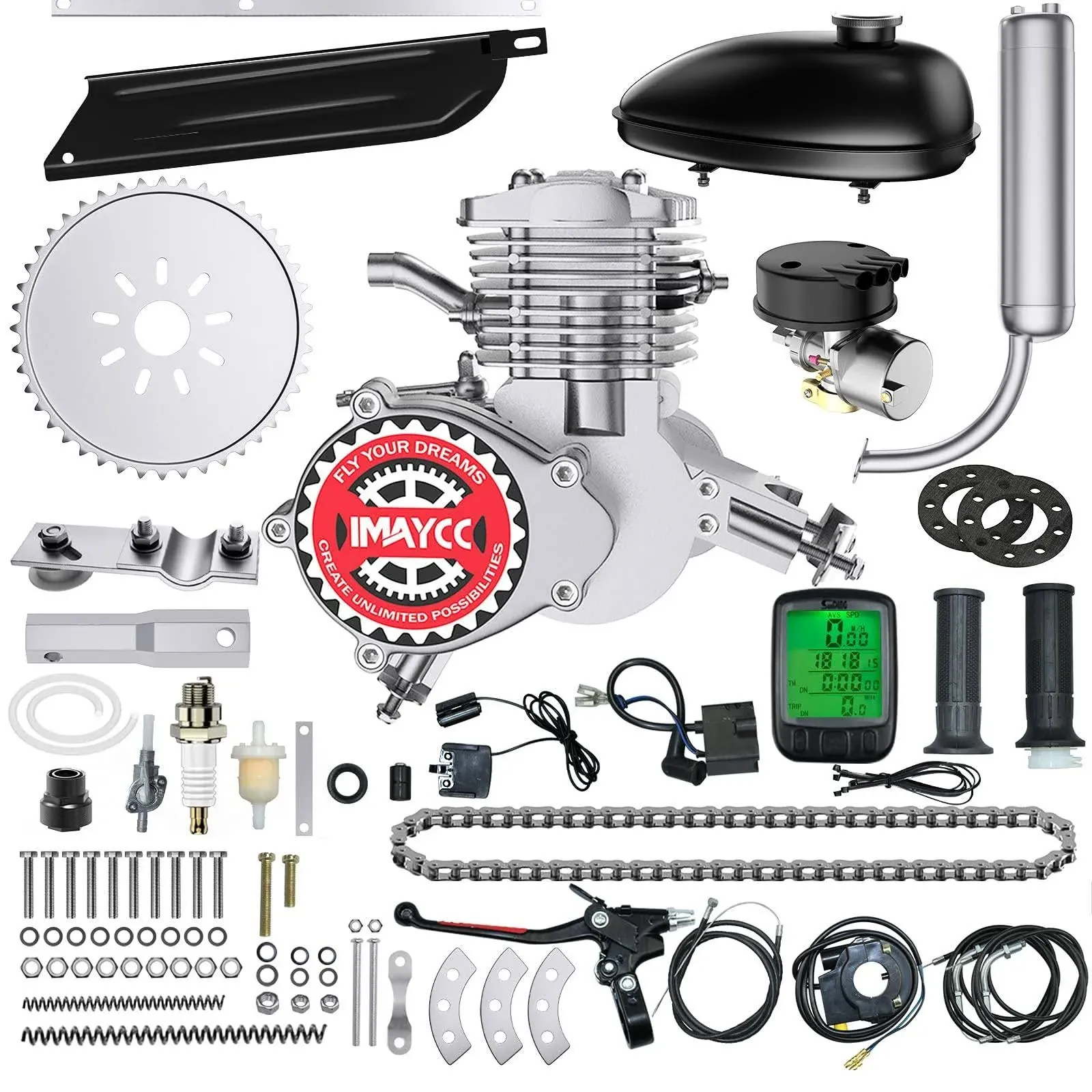 IMAYCC 80cc Bicycle Engine Kit, Bike Motor Kit with Wired Digital Computer, 2-Stroke Motorized Bicycle Kit Fit for 26-28" Bikes (Silver)