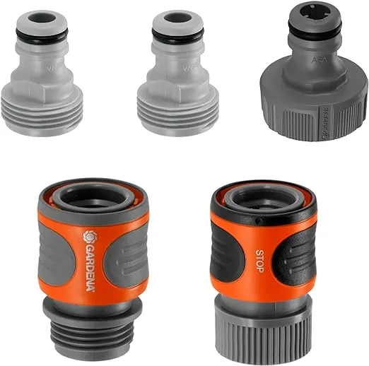 GARDENA (18270-81) 5 Piece Quick Connect Starter Set Fittings and Connectors, For any 5/8 Inch or 1/2 Inch Garden Hose, Sprinkler or Water Spray Nozzle, Made In Germany