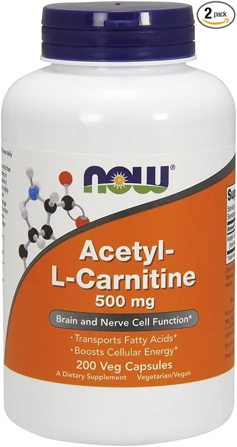 NOW Foods Acetyl L-Carnitine 500mg, 200 Vcaps, Pack of 2