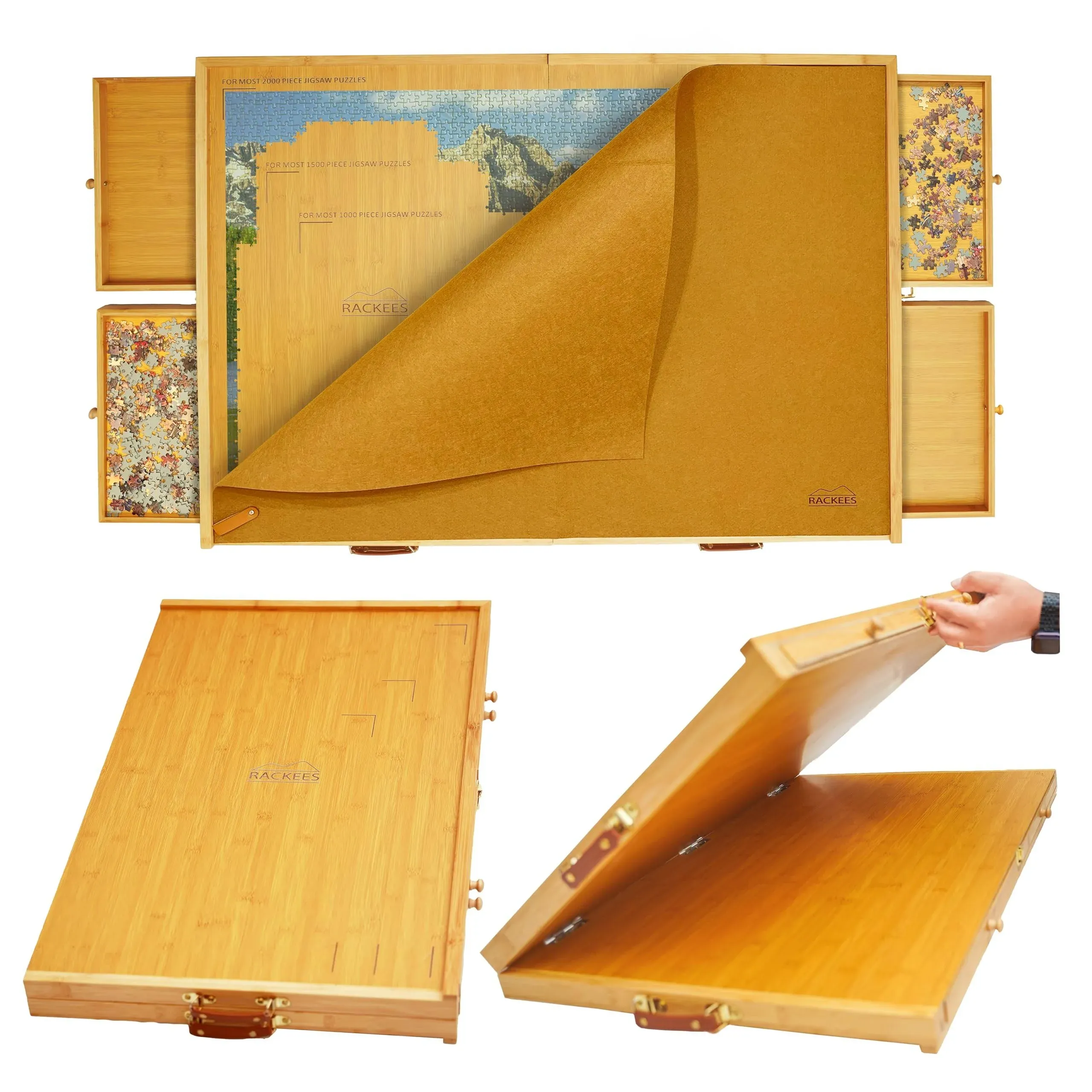 2000 Piece Foldable and Portable Jigsaw Puzzle Board with Engraved Guide Lines, Magnetic Drawers, Cover and Leather Handles. Large Yet Easy to Move and Compact to Store. Patent Pending