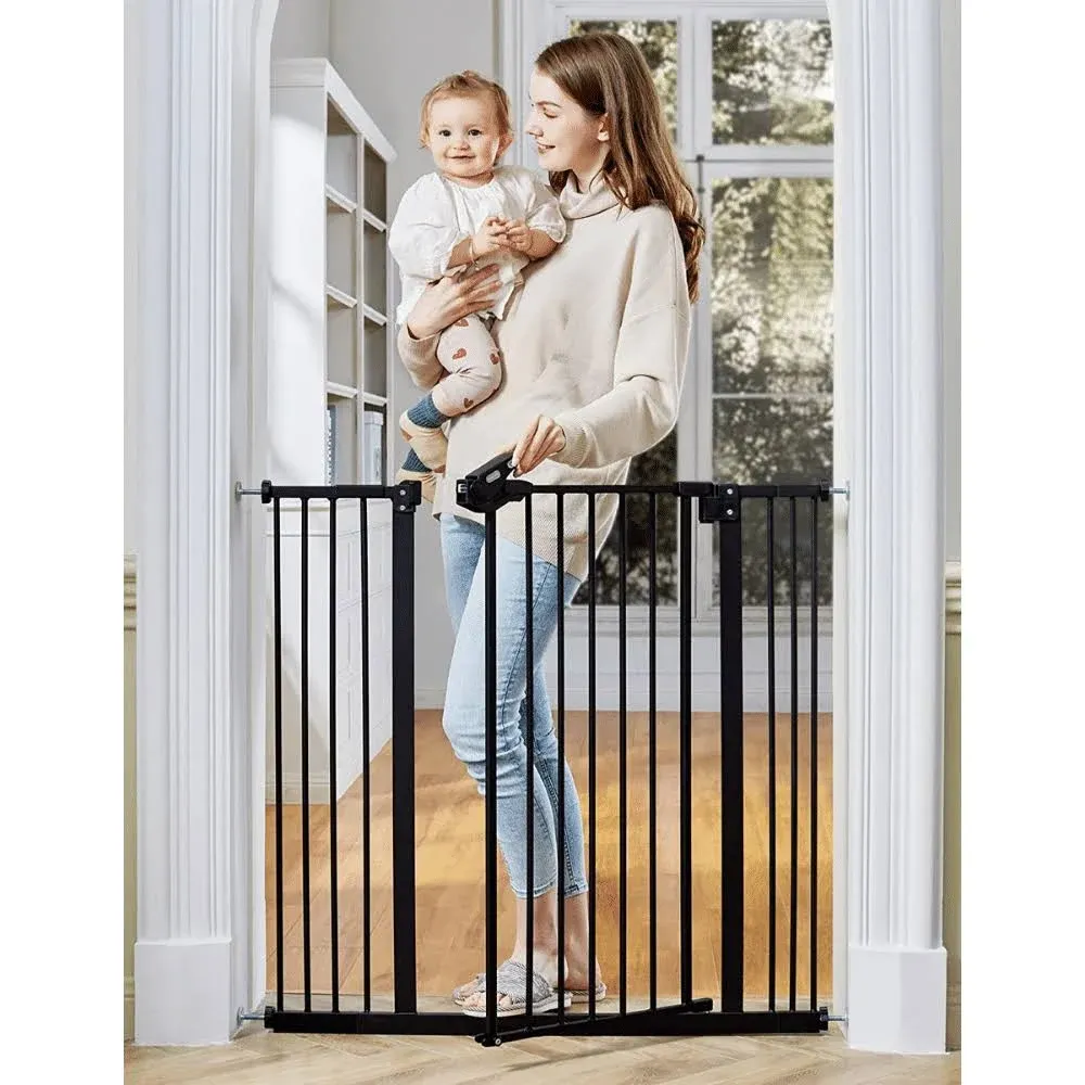 InnoTruth 28.9-42.1" Wide Baby Gate for Stairs & Doorways, 30" Tall Pressure Mounted Dog Gates Indoor Expandable One-Hand Open, Easy Step Walk Through Dual Lock Metal Safety Pet Gates for Dogs, Black