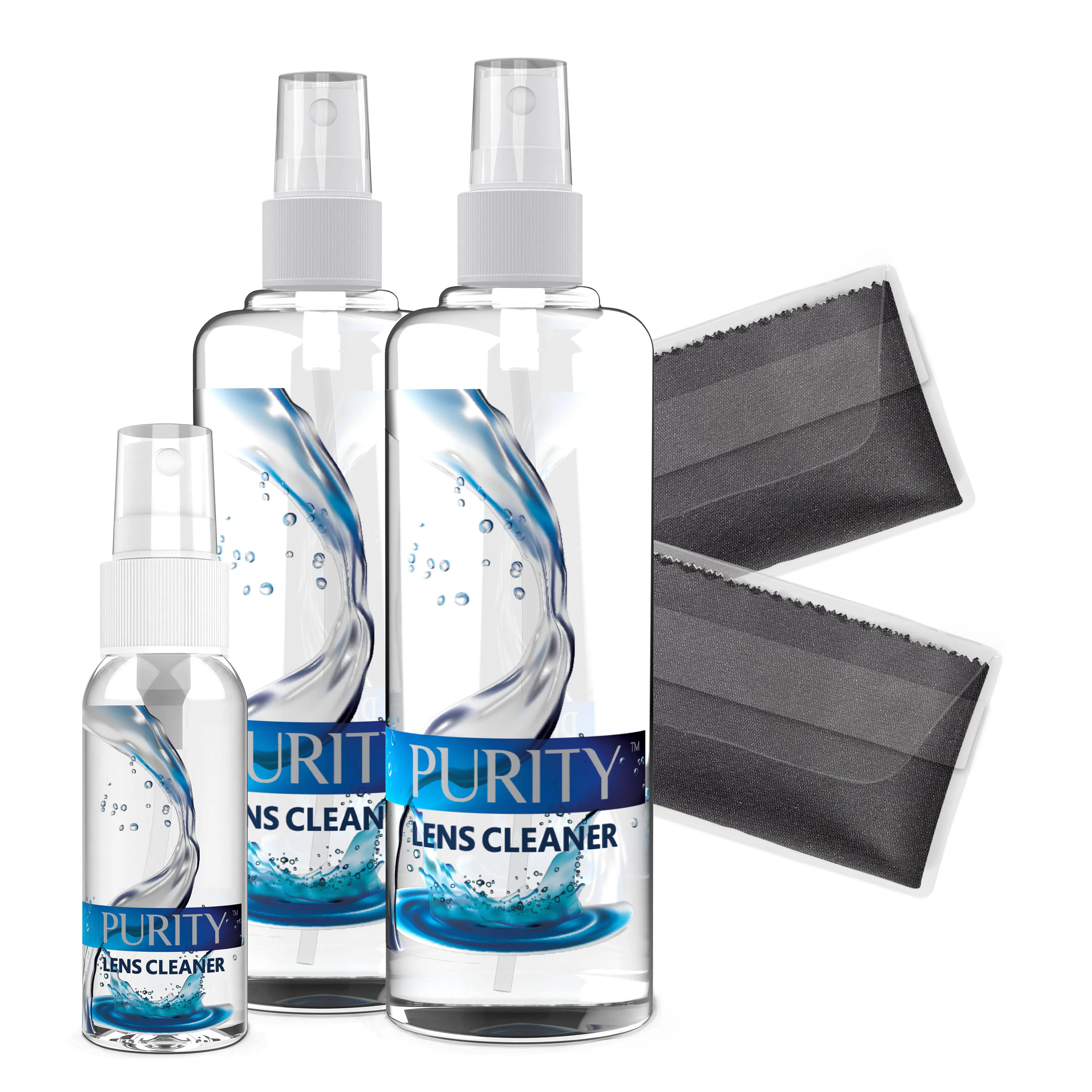 Purity Lens Cleaner Purity Eyeglass Lens Cleaner Kit 2 x 8oz and 1 x 2oz Lens Cleaner Spray Bottle + 2 Microfiber Cleaning Cloths