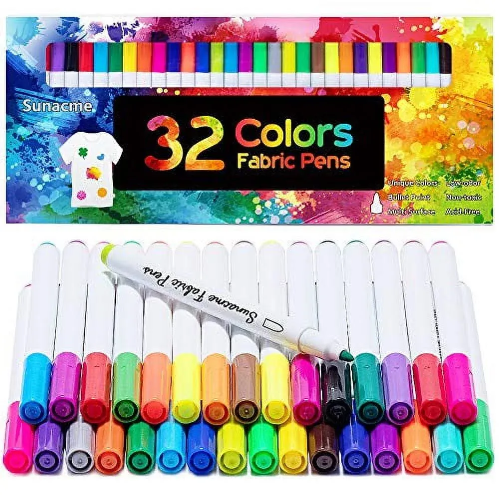 sunacme Fabric Markers Pen, 32 Colors Permanent Fabric Paint Pens Art Markers Set - Fine Tip, Child Safe & Non- Toxic for Canvas, Bags, T-Shirts, Sneakers