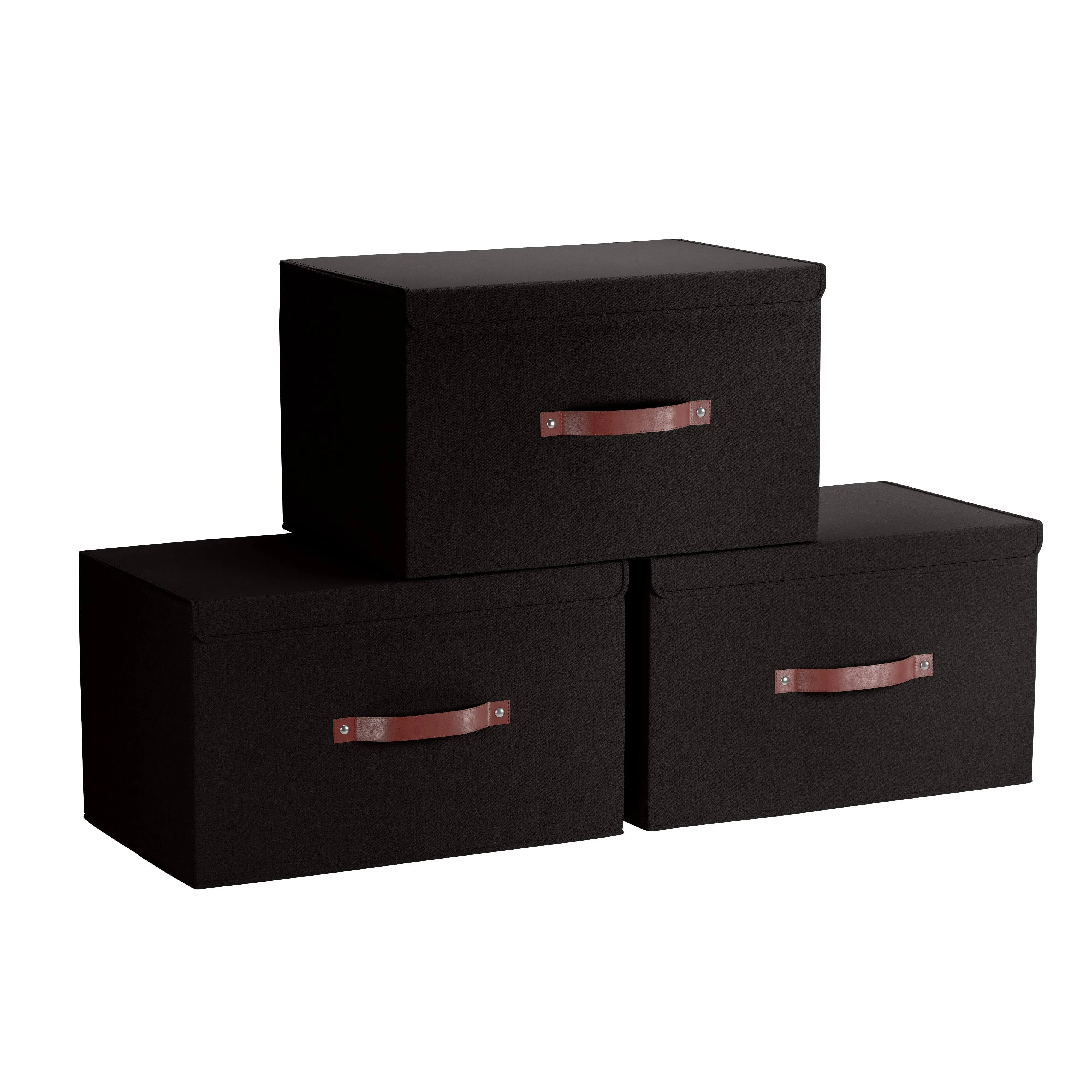 Foldable Linen Large Storage Bin with Leather Handles and Lid - Set of 3