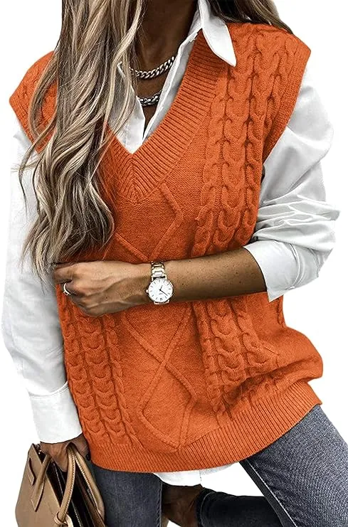 Yousify Women Cable Knit Oversize Sweater Vest V Neck Sleeveless Vintage Loose S