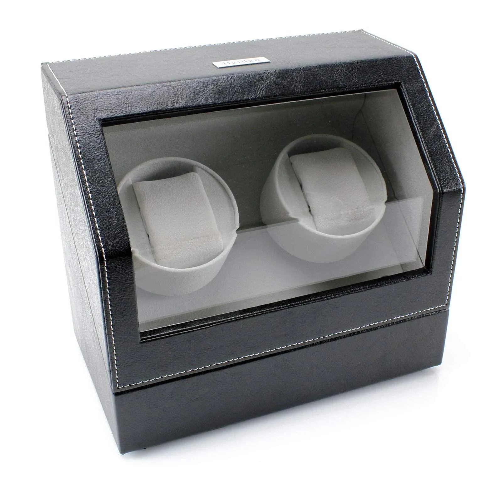 Battery Powered Double Watch Winder in Black Leather