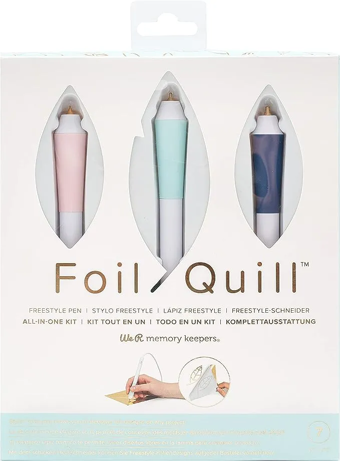 We R Memory Keepers, Foil Quill Starter Kit, Includes 3 Pens, 4 Adaptors, 3 Foil Rolls, 1 Washi Tape Roll, 1 Protective Plate, Compatible with Most Die Cutting Machines, Create Foil Transfer Projects