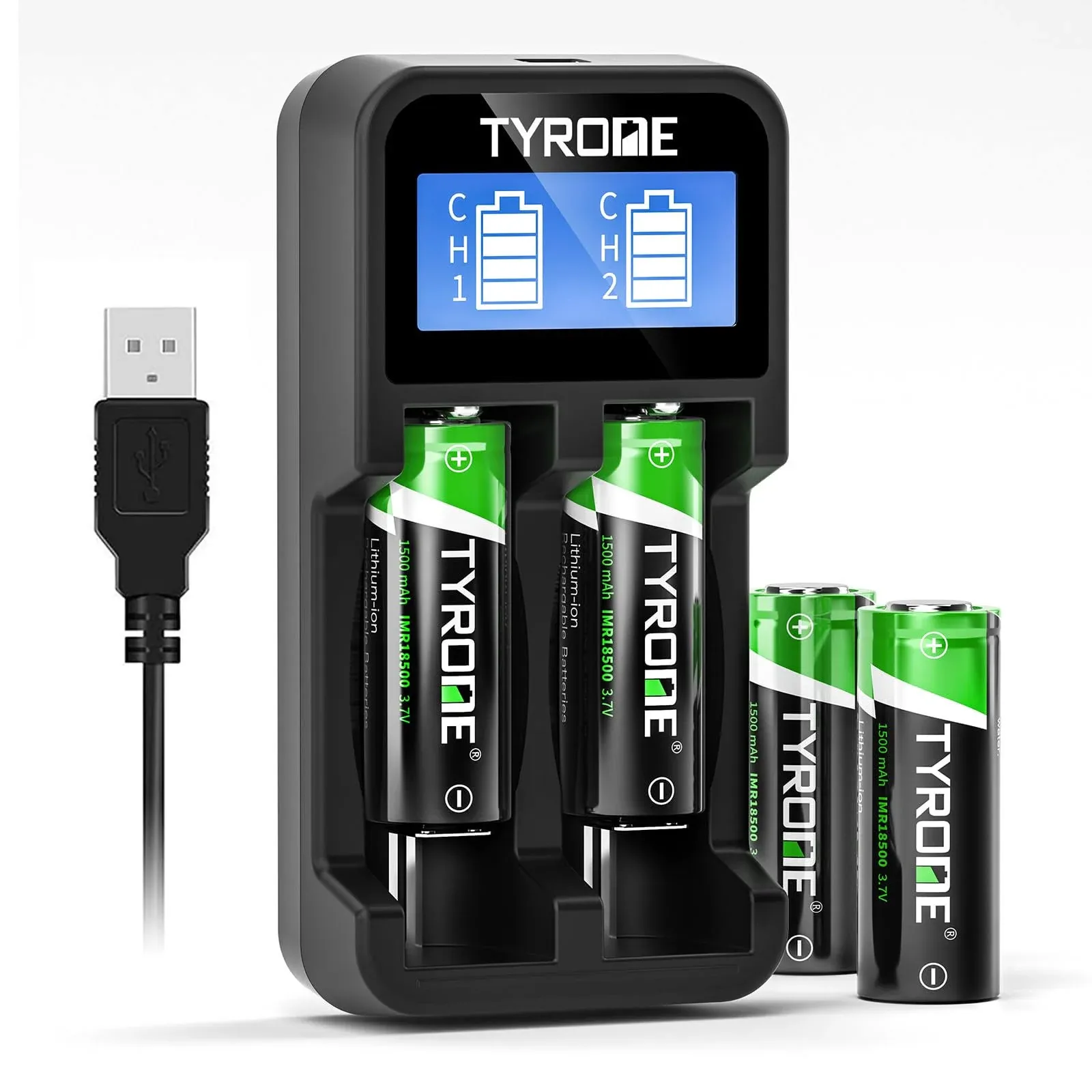 Tyrone 18500 Rechargeable Batteries with Charger, 4 Pack 18500 Flat Top Batteries ...