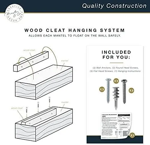 60-Inch Mantel, Master & Co Warm Gray Finsh Solid Wood Floating Fireplace Mantel, Long Floating Shelf for Livingroom with Wood Cleat Hanging System, Photo and Home Decor Display Shelf