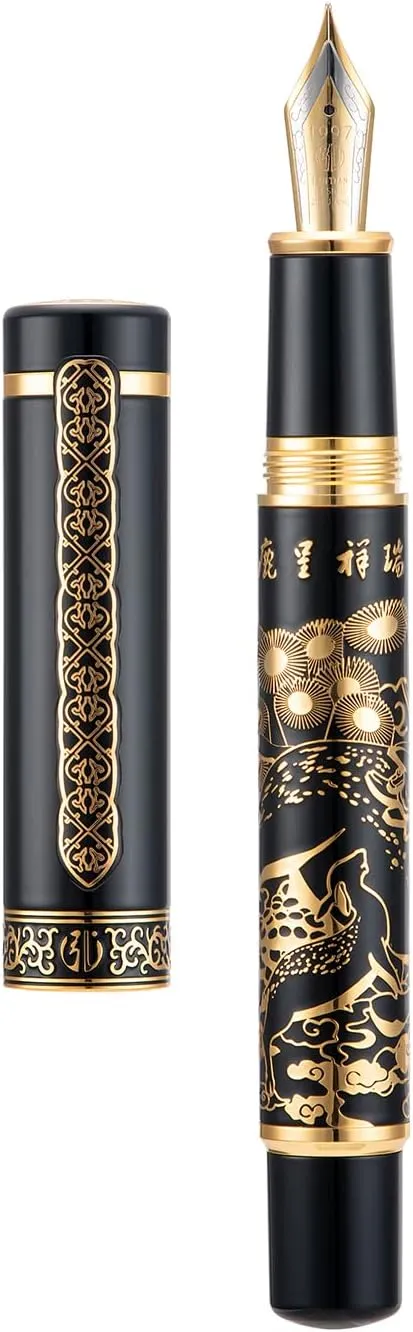 HONG DIAN Hongdian 8037 Chinese Classical Fountain Pen, Iridum Fine Gold Nib with Chinese Deer Totem Design, Smooth Writing Pen with Ink Converter and Metal Pen Box Set Black