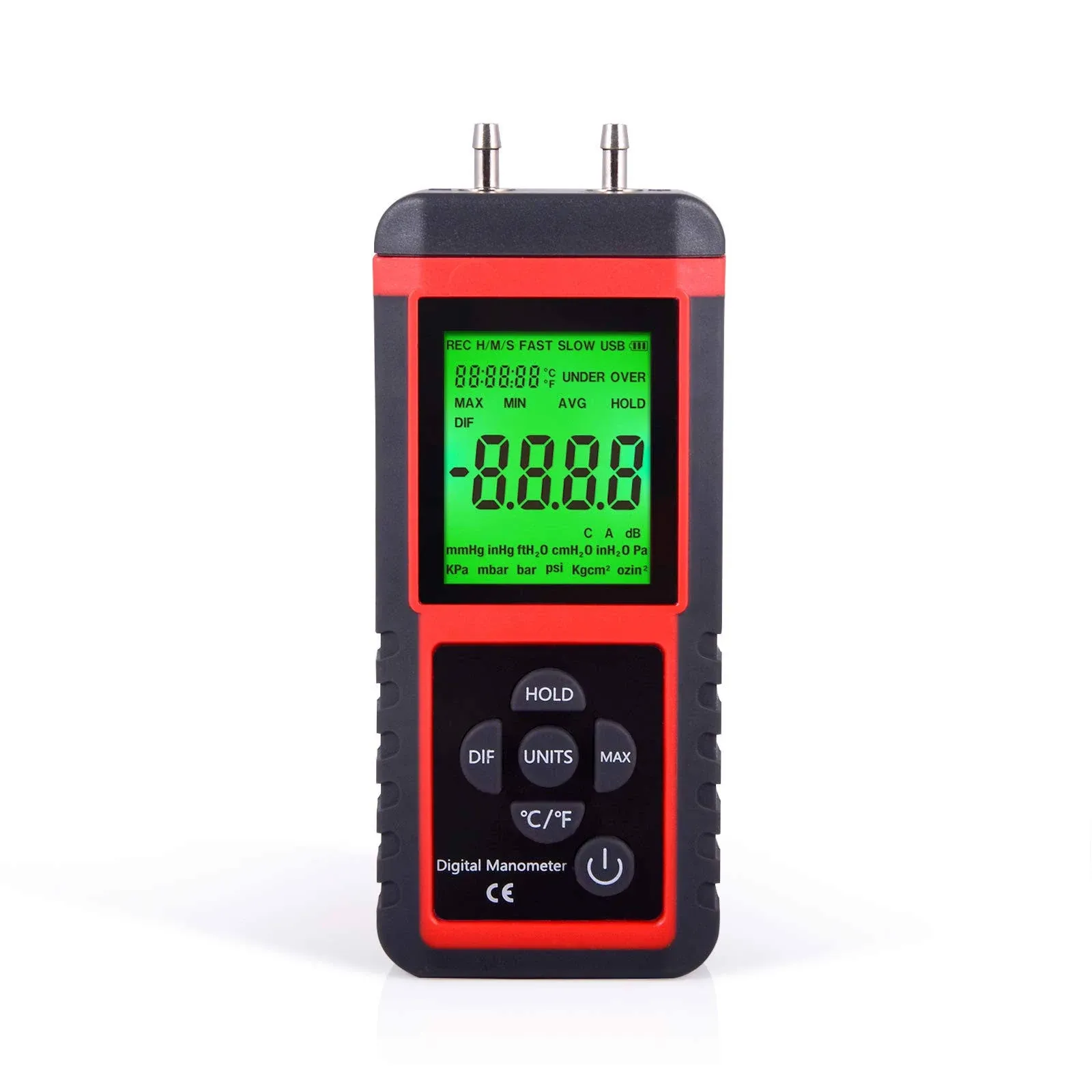 Digital Manometer, Dual Port Air Pressure Meter, 2 Pipes Air Flow Test ±2.999