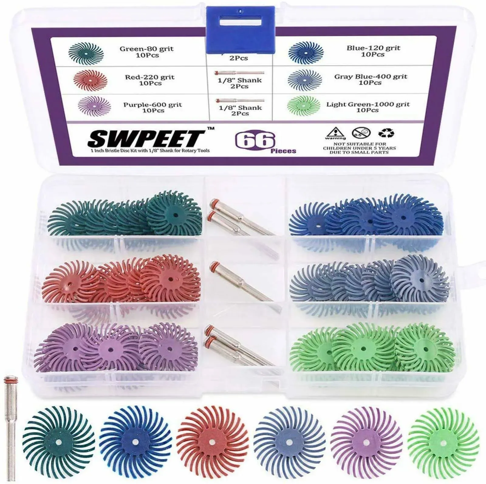 Swpeet 66Pcs 1 Inch 6 Mixed Grit 80/120/220/400<wbr/>/600/1000 Radial Bristle Disc