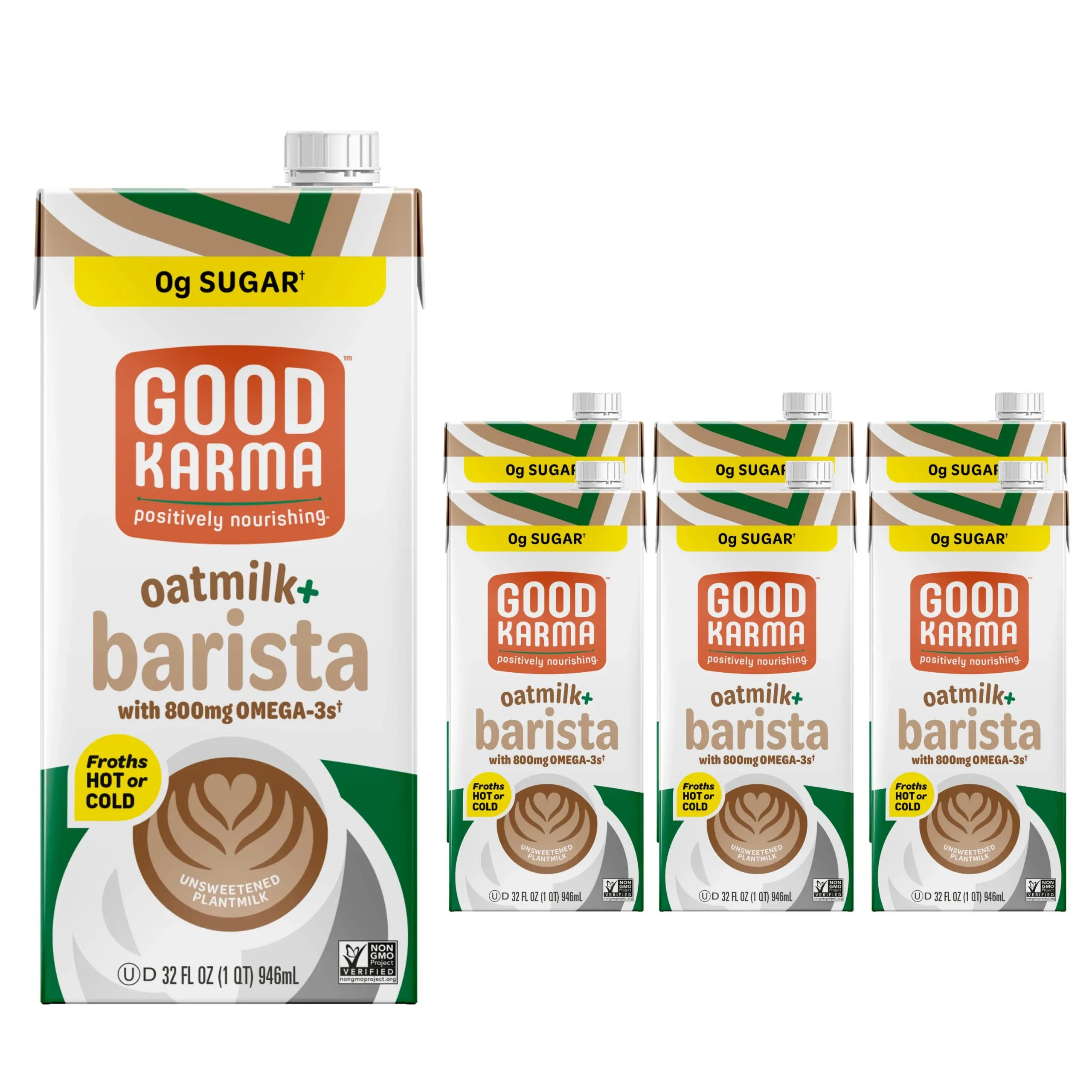 Good Karma Unsweetened Oatmilk + Barista Blend, 32 Ounce (Pack of 6), 800mg Omega ...