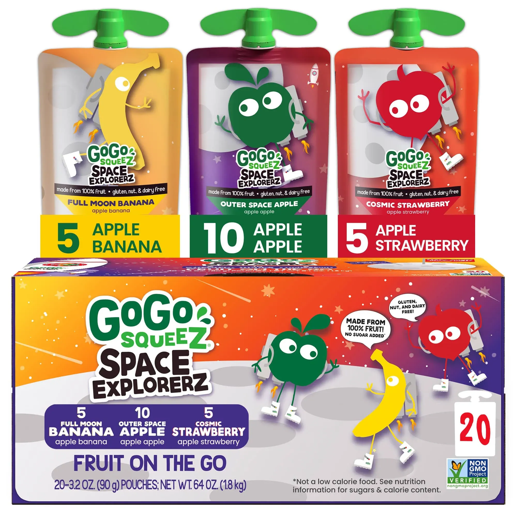 GoGo squeeZ Fruit on the Go Space ExplorerZ Variety Pack, Banana, Apple, Strawberry, 3.2 oz (Pack of 20), Unsweetened Fruit Snacks for Kids, No Gluten, Nut & Dairy, Recloseable Cap, BPA Free Pouches