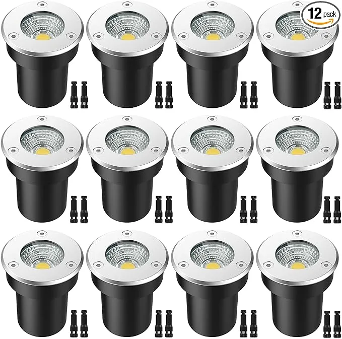 LED Landscape Lights, 12 Pack 7W LED Ground Lights with 24 Connectors Low Voltage In Ground Well Lights Pathway Lights Warm White, Waterproof Landscape Lighting for Driveway, Deck, Step, Garden