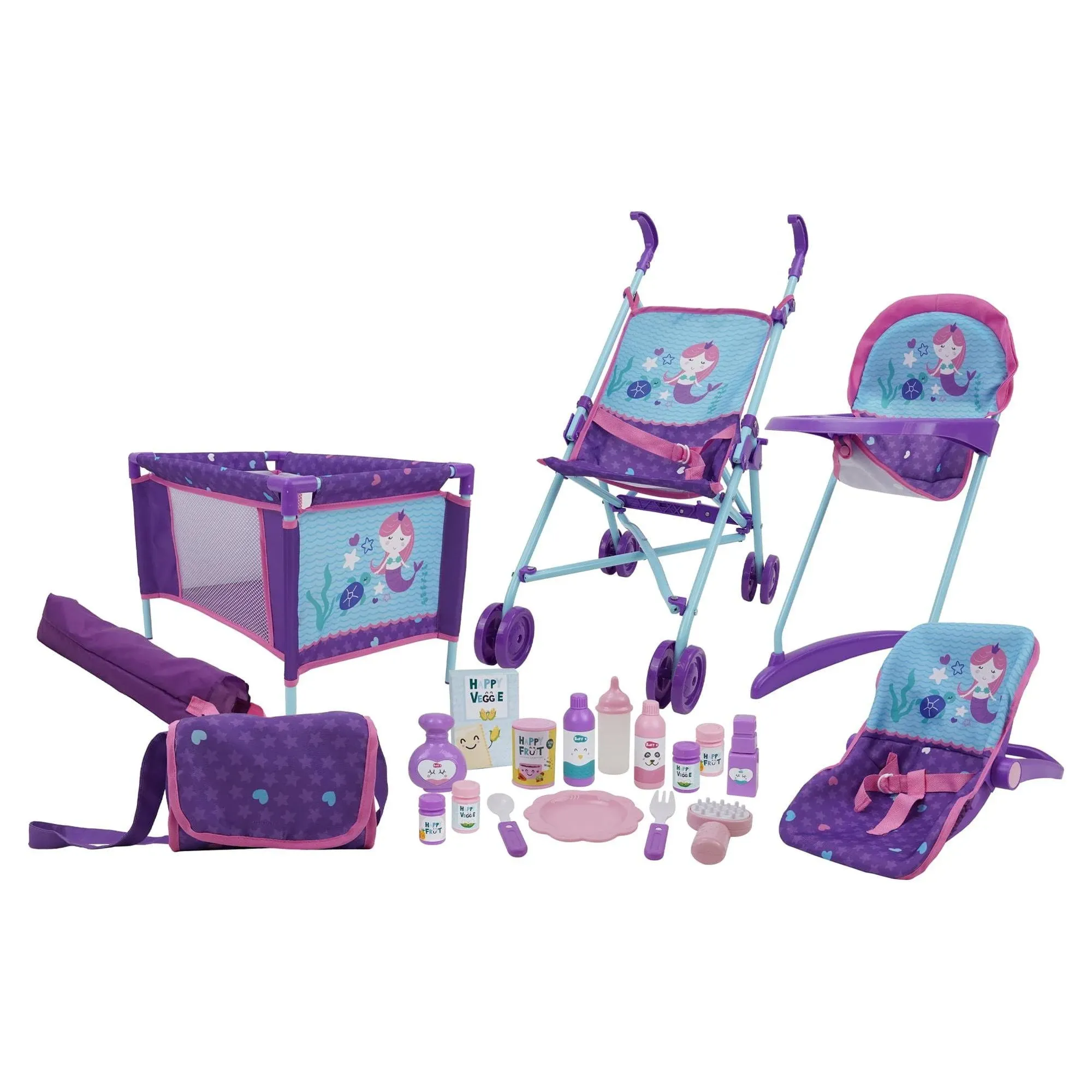 Mermaid 21 Piece Set: Doll Stroll n Play &amp; Care Set - Includes Stroller, Car ...