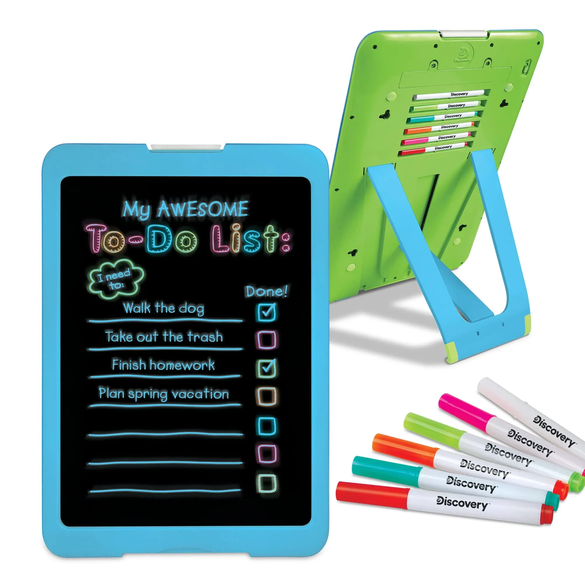 Discovery Kids Neon Glow Drawing Easel w/ 6 Color Markers, Built-in Kickstand/Wall Mount, 5 Light Modes, Easy Clean/Washable, Wide Screen, Flat Storage, Portable Travel Activity, Electronic Activity