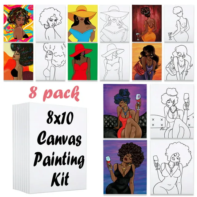 Ynedin 8 Pack * 10 Canvases for Painting Kit, Afro Queen Pre Drawn Canvas Adults Outdoor Parties Birthday Gifts, Paint and Sip Kit Adult