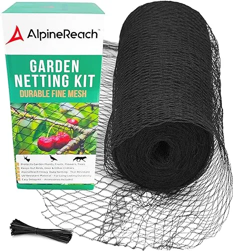 AlpineReach Garden Netting 15 x 30 ft Heavy Duty Plant Protection, Extra Strong Woven Mesh Net for Birds Deer Animals, Reusable Kit with Zip Ties, Fencing for Fruits Trees, Black