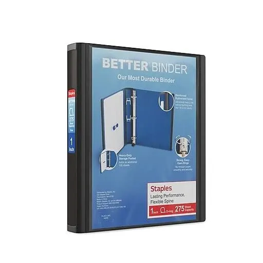 Staples 1" 3-Ring Better Binder, Slant Ring, Black (13395)