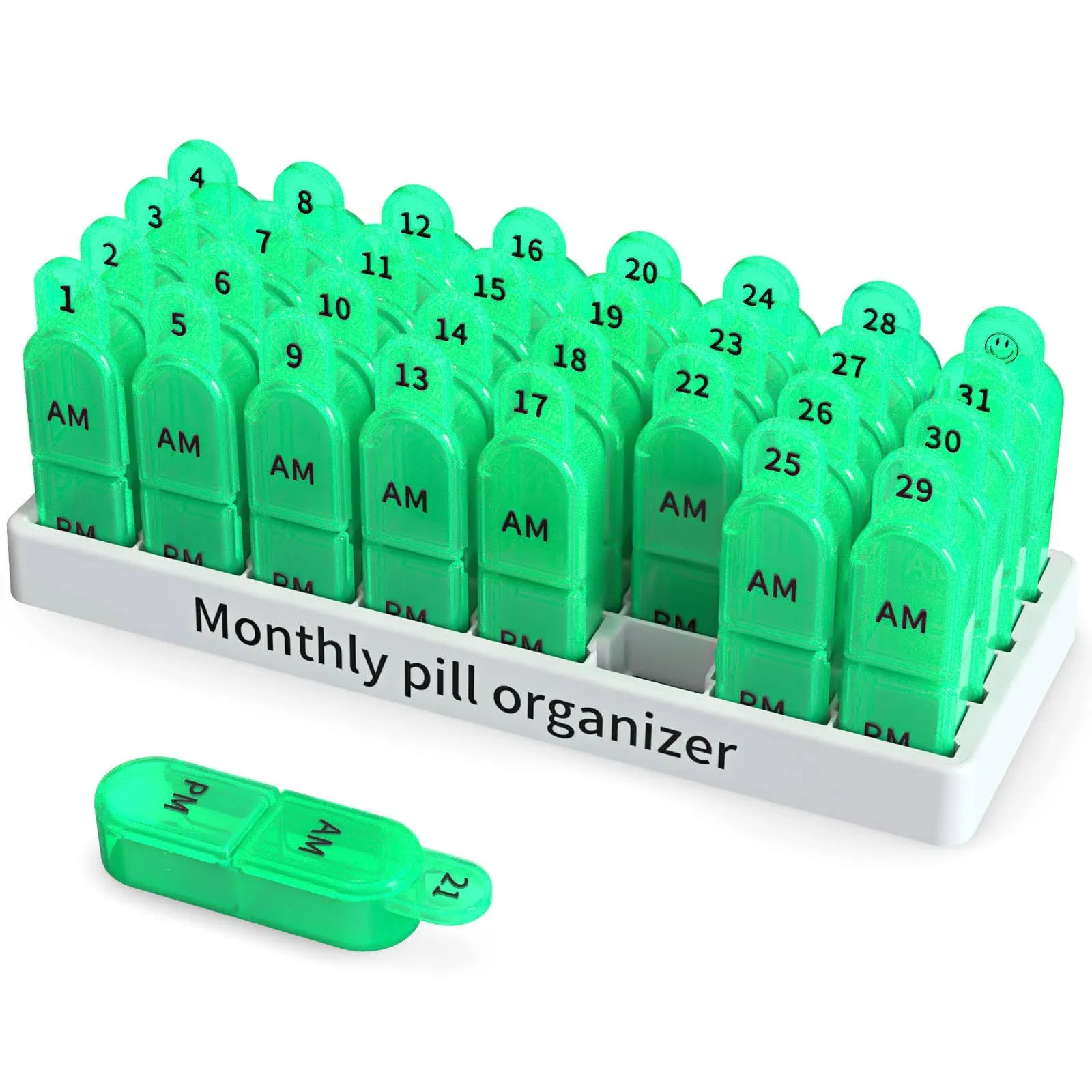 Monthly Pill Organizer, 30 Day Pill Organizer 2 Times A Day, One Month Pill Box Organizer AM PM, 31 Day Pill Organizer with 32 Daily Compartments for Fish Oil, Vitamins, Travel 4 Weeks Pill Box Case