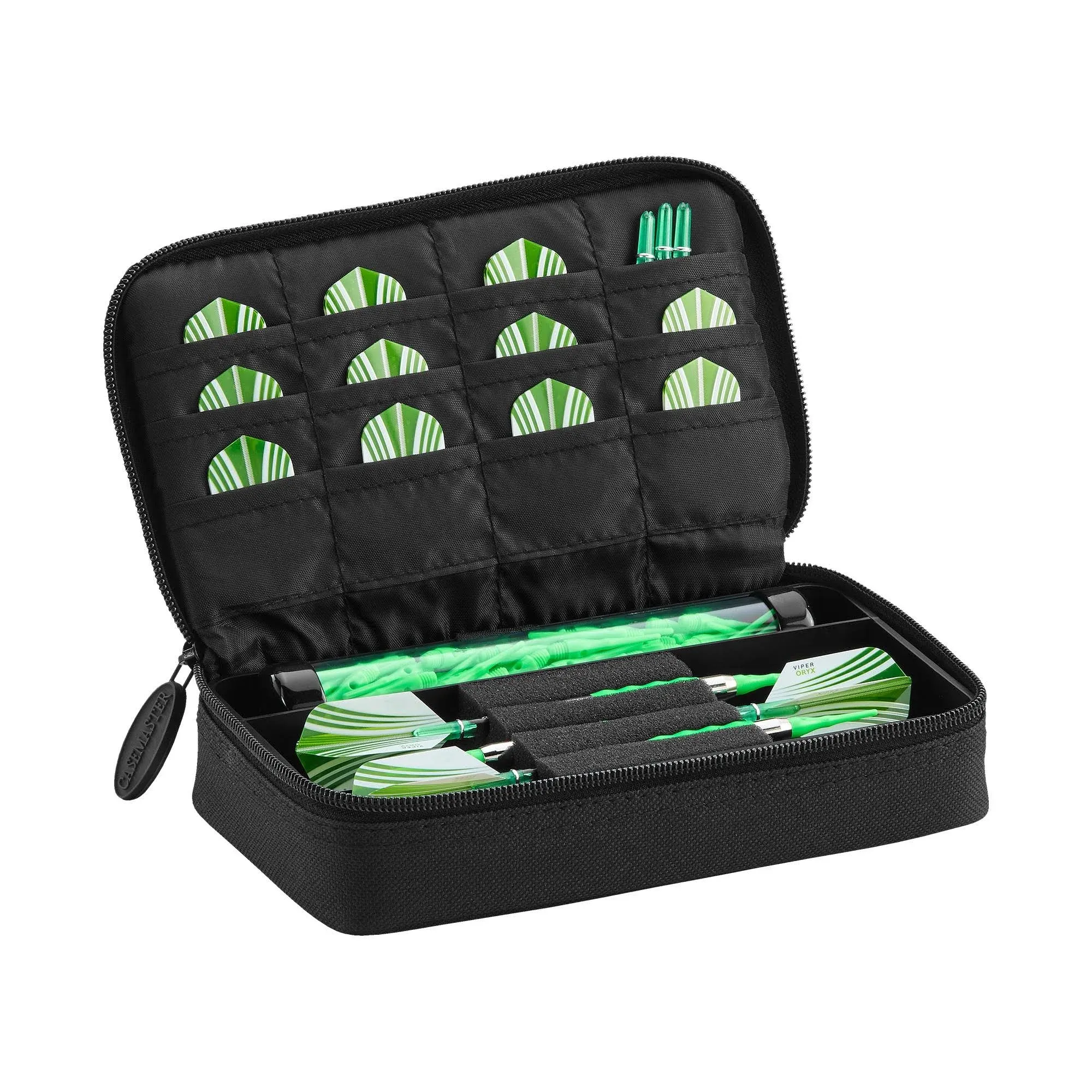 Casemaster Plazma Dart Case with Black Zipper for Soft and Steel Tip Darts, Holds 3 Darts and Features Built-in Storage Tube and Pockets for Flights, Tips, Shafts, and Personal Items