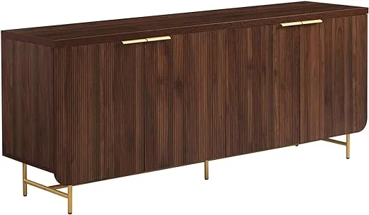 Walker Edison Lowen Contemporary Fluted-Door Sideboard, 69 Inch, Gold/Dark Walnut