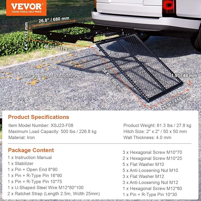 VEVOR Hitch Mount Wheelchair Carrier, 500LBS Mobility Scooter Carrier with Folding Ramp, Iron Trailer Hitch Rack Basket with Stabilizer, Straps, Fit 2" Hitch Receiver for SUV Van Car, 45.3" x 25.6"