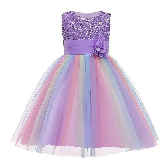 HAWEE Flower Girls Sequin Dress Rainbow Tutu Birthday Party Princess Dress Pageant Gown for Age 3-10 Years Old