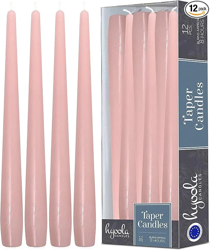 Hyoola Tall Taper Candles - 12 Inch Light Pink Unscented Dripless Taper Candles - 10 Hour Burn Time - 12 Pack