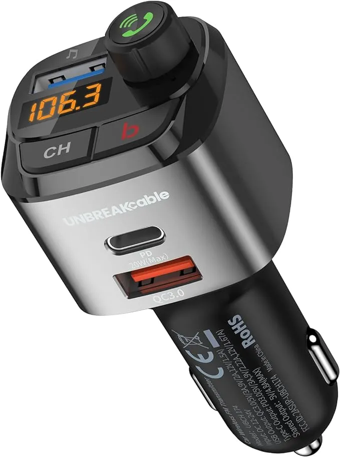 UNBREAKcable Bluetooth 5.0 FM Transmitter for Car, 18W Pd3.0 & Qc3.0 Car Charger ...